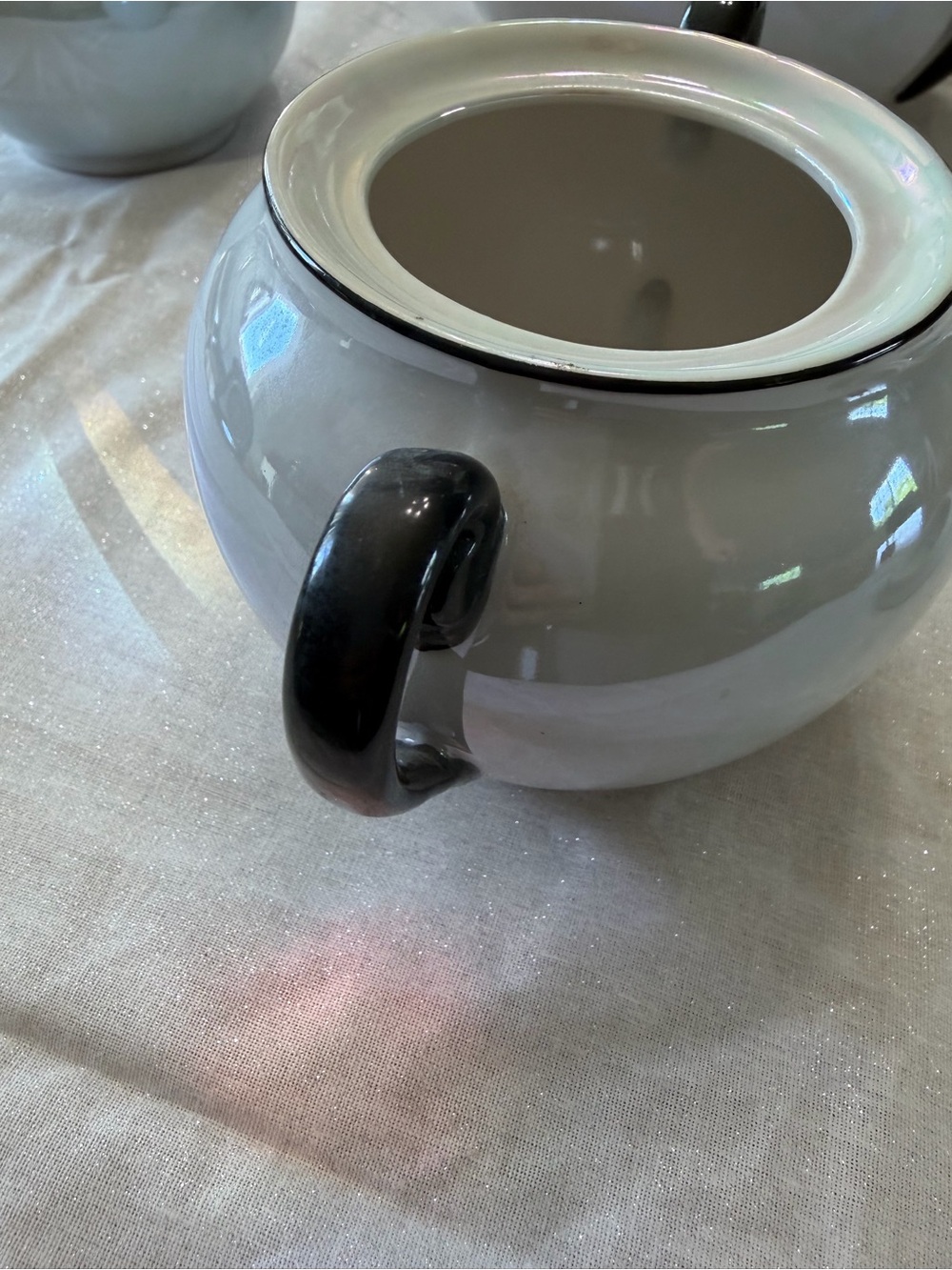 Atlantic Czechoslovakia Sky Blue Luster Ware Black Handle Teapot, Sugar& Creamer - Picture 14 of 16